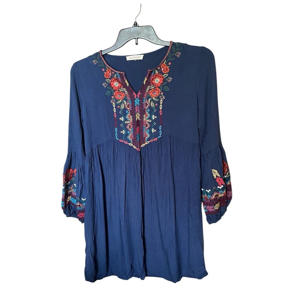 Anthropologie Solitaire Embroidered Blue Long Sleeve Tunic Dress Size Medium